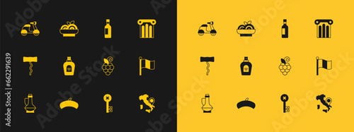 Set Ancient column, French beret, Grape fruit, Old key, Perfume, Bottle of wine, Scooter and Pasta spaghetti icon. Vector