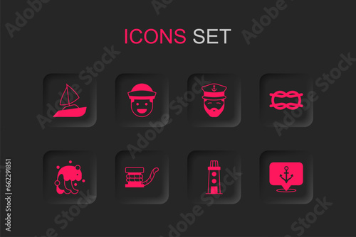 Set Marine bollard with rope, Sailor, Yacht sailboat, Lighthouse, Nautical knots, Anchor, Captain of ship and Tsunami icon. Vector