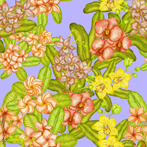 Fototapeta Naklejka Na Ścianę i Meble -  Watercolor seamless pattern with tropical flowers. Beautiful allover print with hand drawn exotic plants. Swimwear botanical design.	