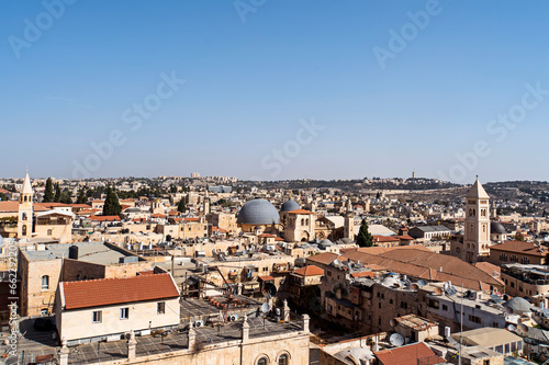 Roofs of buildings in old part of Jerusalem, ancient capital of Israel. Aerial view of an old city. Travelling in Israel, tours in Jerusalem. Cityscape, urban landscape. Sights of Jerusalem.