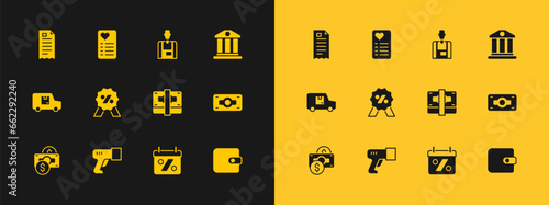 Set Bank building, Scanner scanning bar code, Stacks paper money cash, Discount percent tag, Seller, Financial check and Shopping list icon. Vector