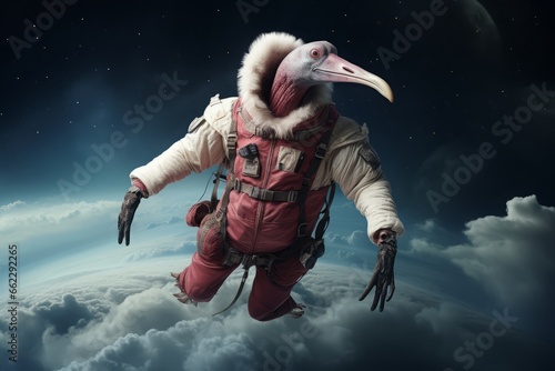 a huge bird emu or ostrich wearing an astronaut suit and helm floating in the colorful space universe, nebula behind