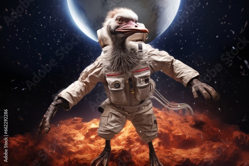 a huge bird emu or ostrich wearing an astronaut suit and helm floating in the colorful space universe, nebula behind © Romana