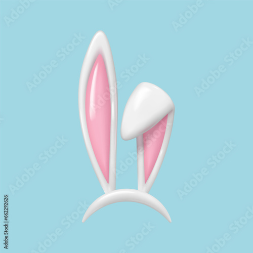 3d Easter bunny ears. Rabbit ears realistic 3d vector illustration. Hare costume white and pink element.
