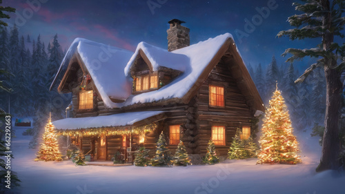 Christmas house in the night, House in the forest, House in Winter, House in the Mountains, Forest landscape with winter house and festive Christmas trees, Christmas landscape