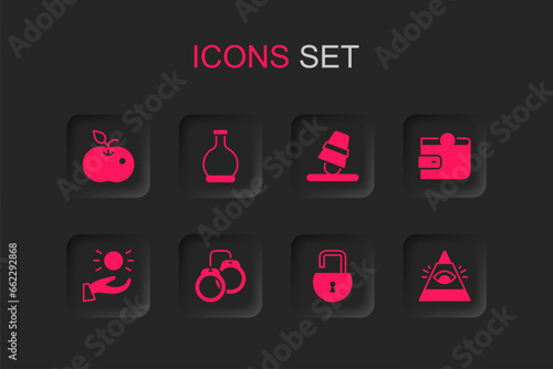Set Handcuffs, Bottle with potion, Poison apple, Open padlock, Wallet, All-seeing eye of God, Game thimbles and Ball levitating above hand icon. Vector