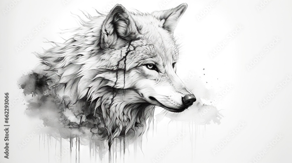 a black and white drawing of a wolf's head. generative ai a black and white drawing of a wolf's head. generative ai