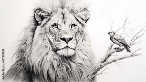  a drawing of a lion and a bird on a tree branch.  generative ai