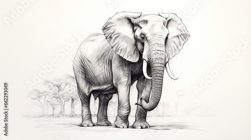  a drawing of an elephant standing in a field with trees in the background.  generative ai