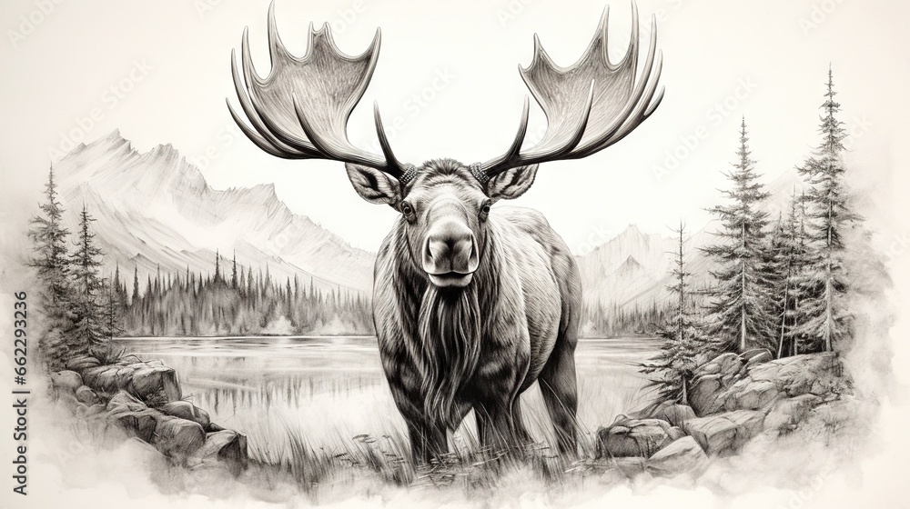  a drawing of a moose standing in a forest with mountains in the background.  generative ai - obrazy, fototapety, plakaty 