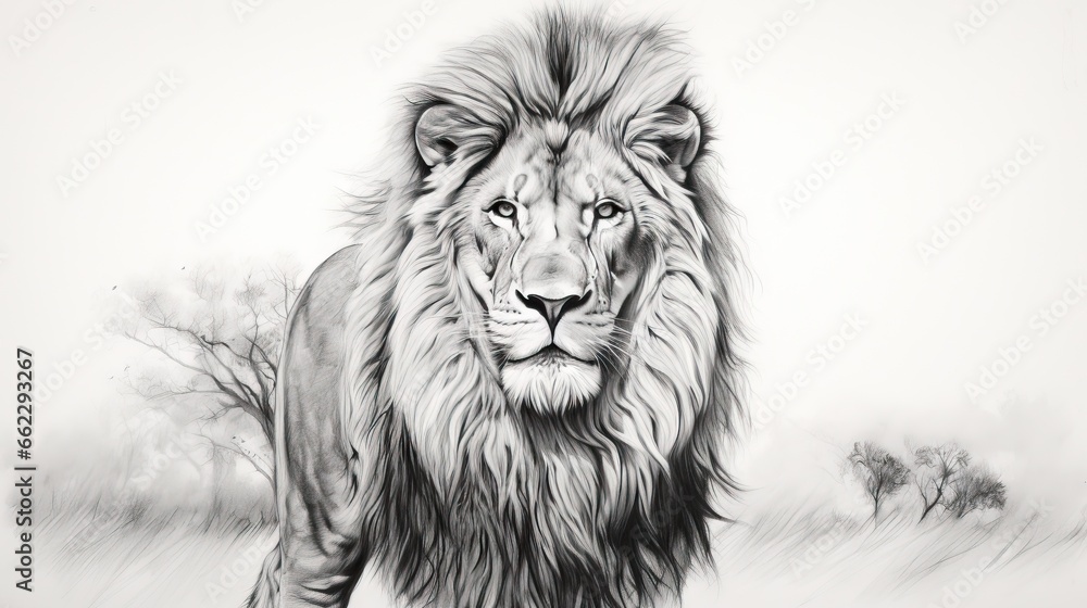  a black and white drawing of a lion in a field.  generative ai