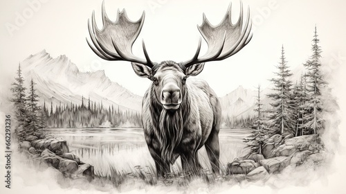  a drawing of a moose standing in a forest with mountains in the background.  generative ai