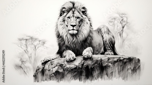  a black and white drawing of a lion sitting on a rock.  generative ai photo