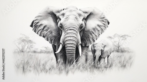  a drawing of an elephant and its baby in a field.  generative ai