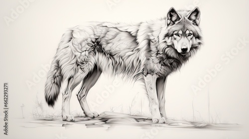  a black and white drawing of a wolf standing in the grass.  generative ai