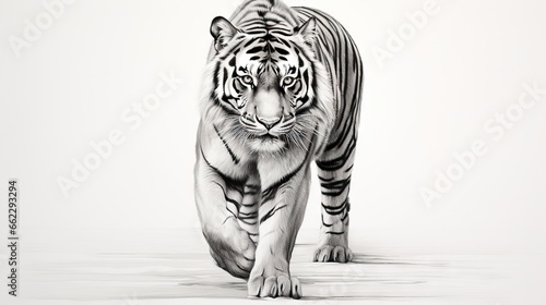  a black and white drawing of a tiger on a white background.  generative ai