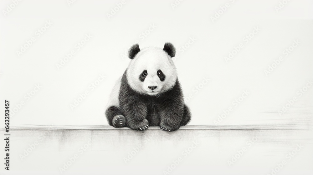  a black and white photo of a panda bear sitting on the ground.  generative ai