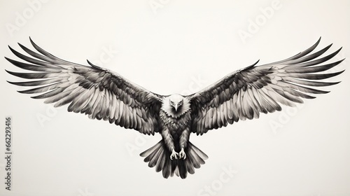  a black and white photo of a bird with wings spread. generative ai