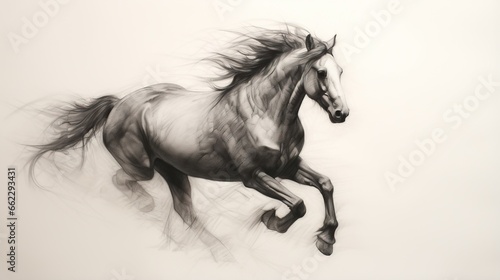  a black and white photo of a horse running in the wind. generative ai