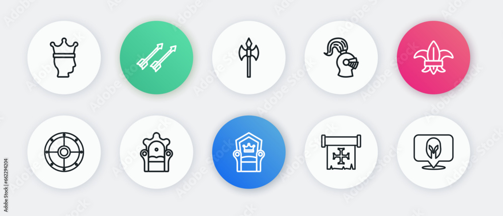 Set line Medieval throne, Fleur de lys or lily flower, Round shield, Crusade, helmet, axe, and icon. Vector Set line Medieval throne, Fleur de lys or lily flower, Round shield, Crusade, helmet, axe, and icon. Vector