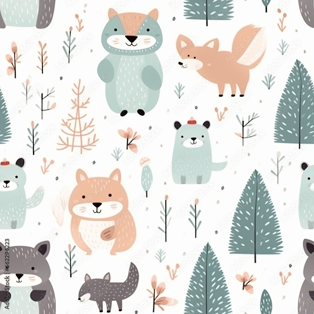 Seamless pattern with cute forest animals and trees, pattern Christmas winter big collection Seamless pattern with cute forest animals and trees, pattern Christmas winter big collection