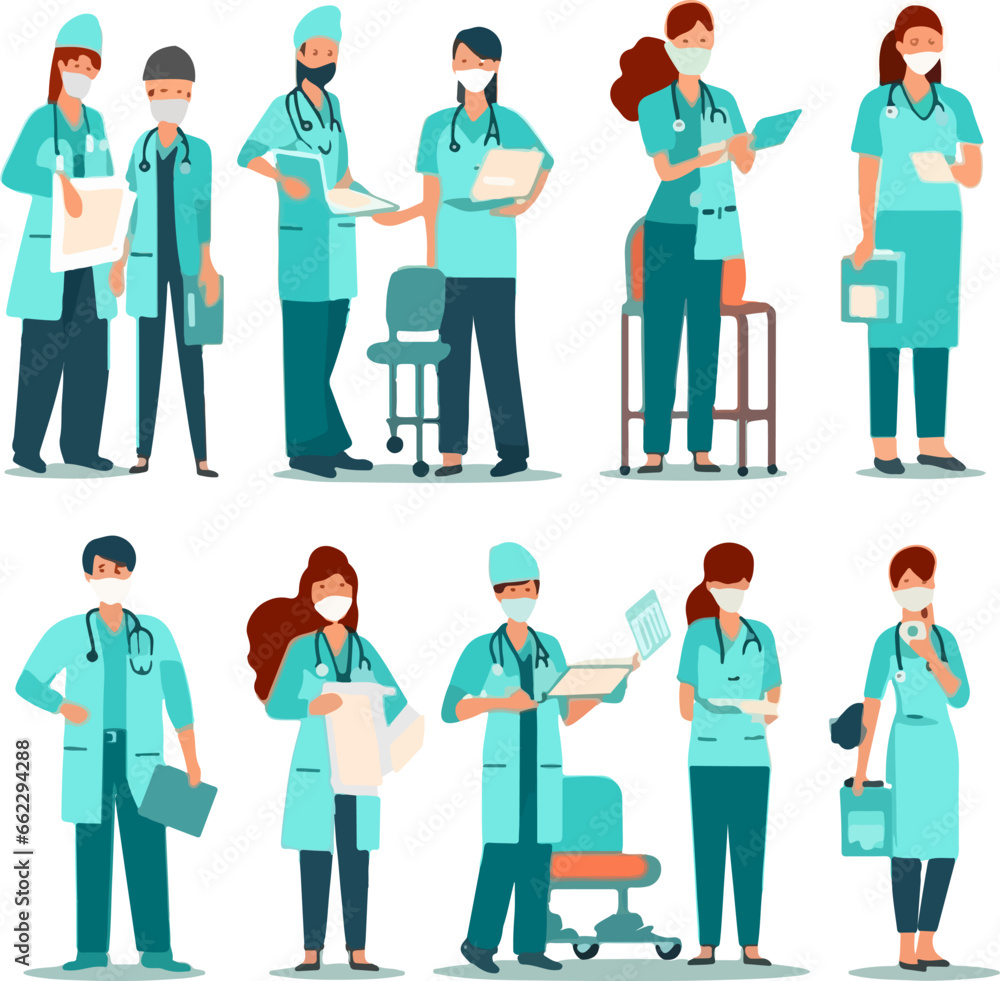 Vector illustrations of doctors, nurses, surgeons, and other healthcare providers in different medical settings Vector illustrations of doctors, nurses, surgeons, and other healthcare providers in different medical settings