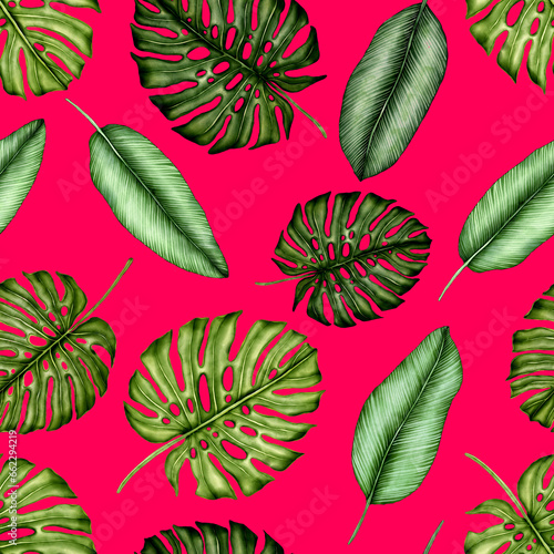 Watercolor seamless pattern with tropical leaves. Beautiful allover print wit...