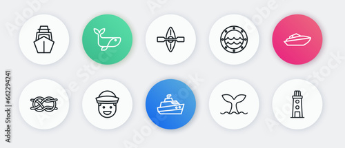 Set line Speedboat, Nautical rope knots, Whale tail, Ship porthole, Kayak and paddle, Lighthouse and Sailor icon. Vector