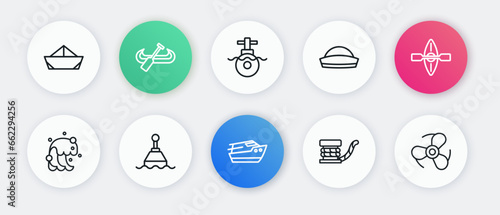 Set line Speedboat, Kayak and paddle, Tsunami, Marine bollard with rope, Sailor hat, Submarine, Boat propeller and Floating buoy icon. Vector