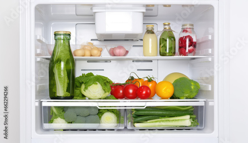 Photorealistic image showcasing an opened kitchen fridge