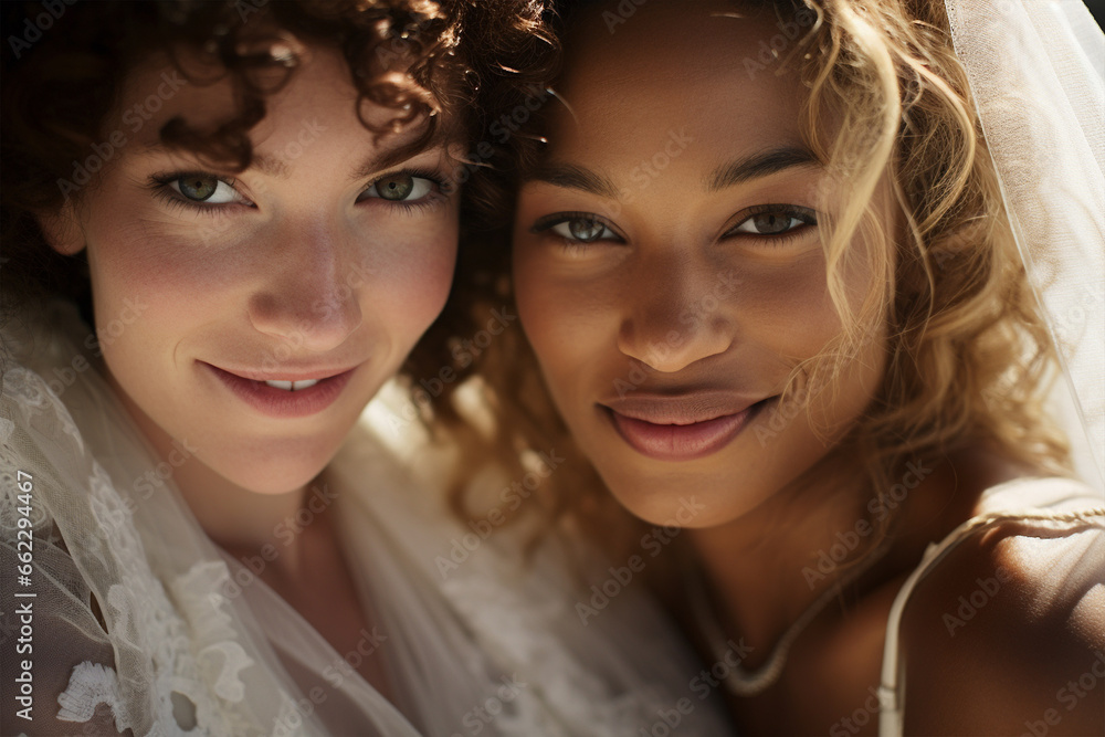 Portrait of beautiful pair of caucasian and black women in bridal dresses Portrait of beautiful pair of caucasian and black women in bridal dresses