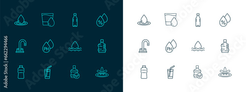 Set line Water drop percentage, Glass with water, Big bottle clean, Bottle of, and icon. Vector