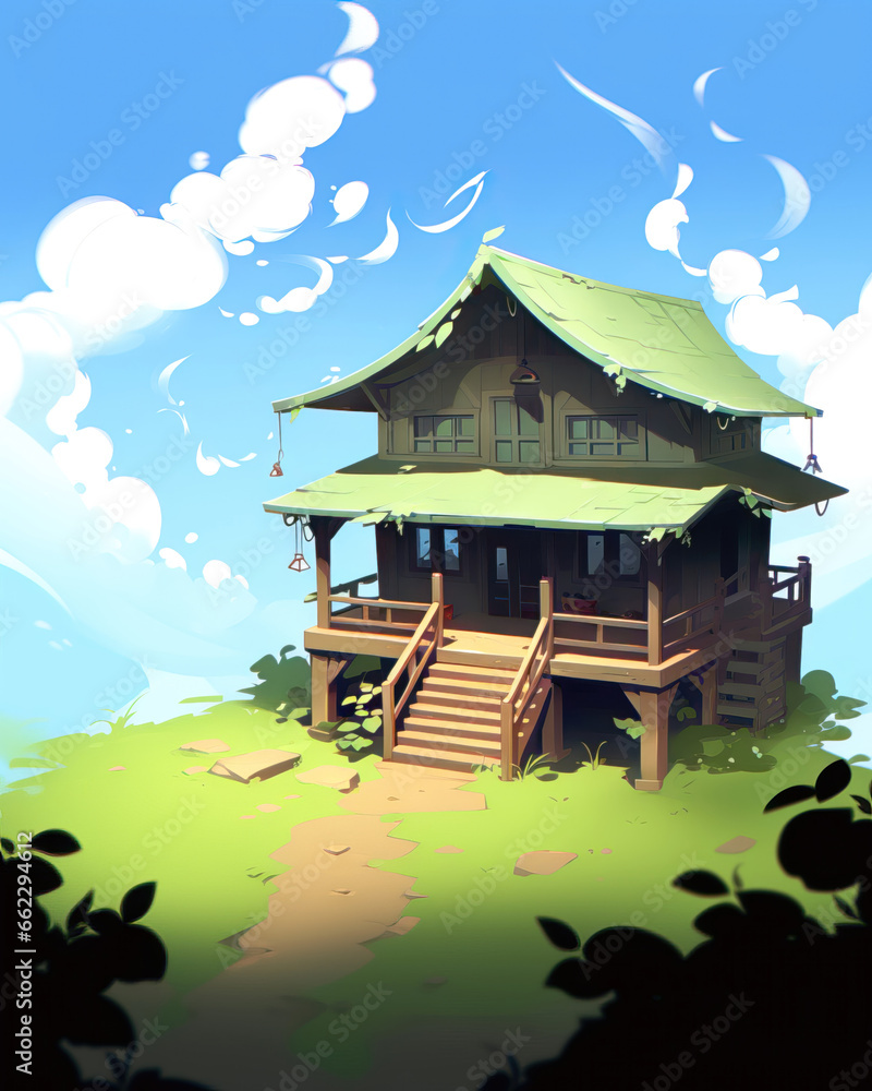 Obraz premium Wooden house in the forest. Vector illustration