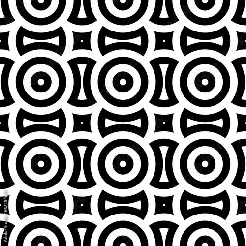 Black figures background. Circles and squares texture. Ethnic motif. Seamless surface pattern design with circular embroidery ornament. Digital paper with rings for textile print, web designing.