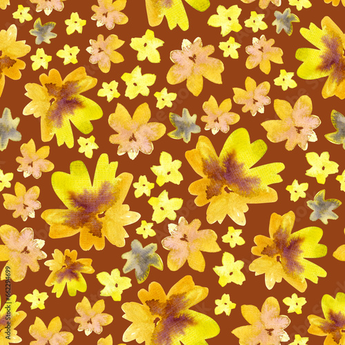 Seamless pattern of watercolor delicate yellow flowers. Hand drawn illustration. Botanical hand painted floral elements on brown background.