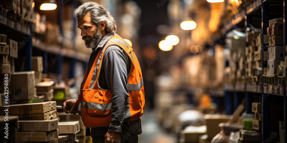 Warehouse Worker Supervising Stock While Walking Warehouse Worker Supervising Stock While Walking