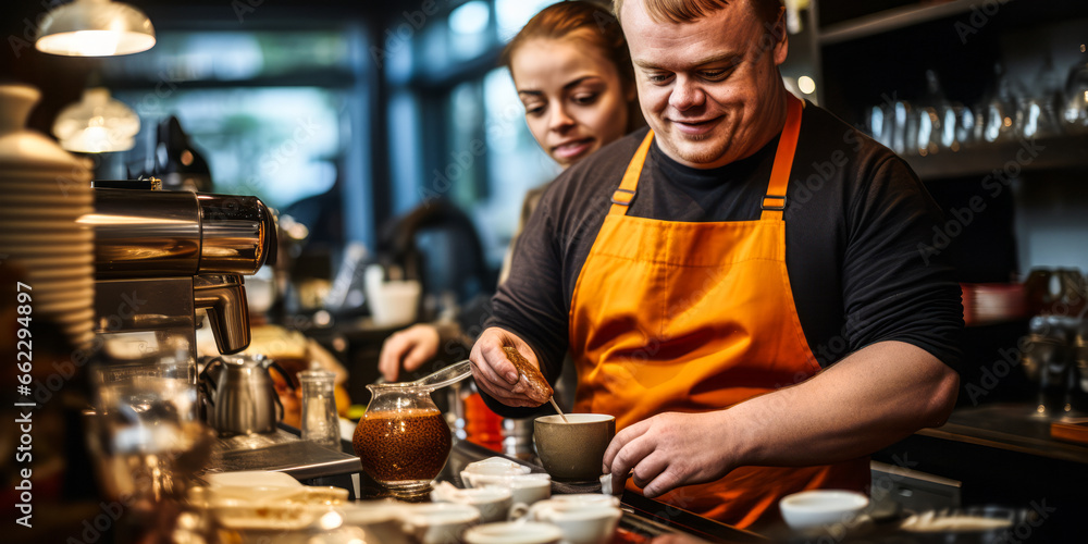 Exceptional Talent: Young Man with Down Syndrome as Café Barista - obrazy, fototapety, plakaty 