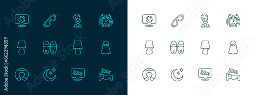 Set line Alarm clock, Moon and stars, Table lamp, Sleepy, Slippers, Earplugs ear, and Eye sleep mask icon. Vector