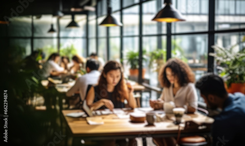 Blurred background image of a People Engaging in Productive Work at Co-working Office