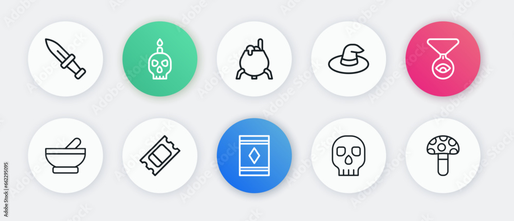 Set line Magic carpet, Medallion on chain with eye, Witch cauldron, Skull, hat, Psilocybin mushroom and Circus ticket icon. Vector Set line Magic carpet, Medallion on chain with eye, Witch cauldron, Skull, hat, Psilocybin mushroom and Circus ticket icon. Vector