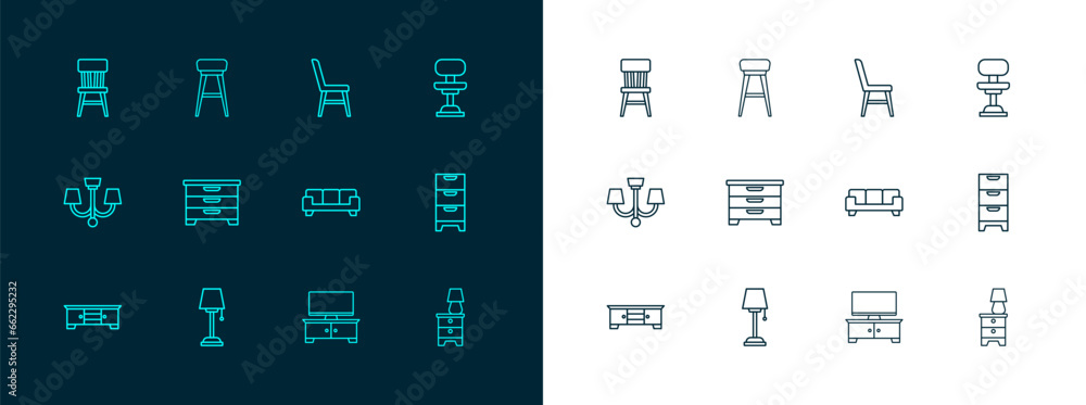 Set line Office chair, Floor lamp, Sofa, TV table stand, Chest drawers, Chair, and icon. Vector Set line Office chair, Floor lamp, Sofa, TV table stand, Chest drawers, Chair, and icon. Vector