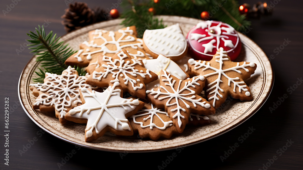 christmas cookies on a plate with snowflake drawing