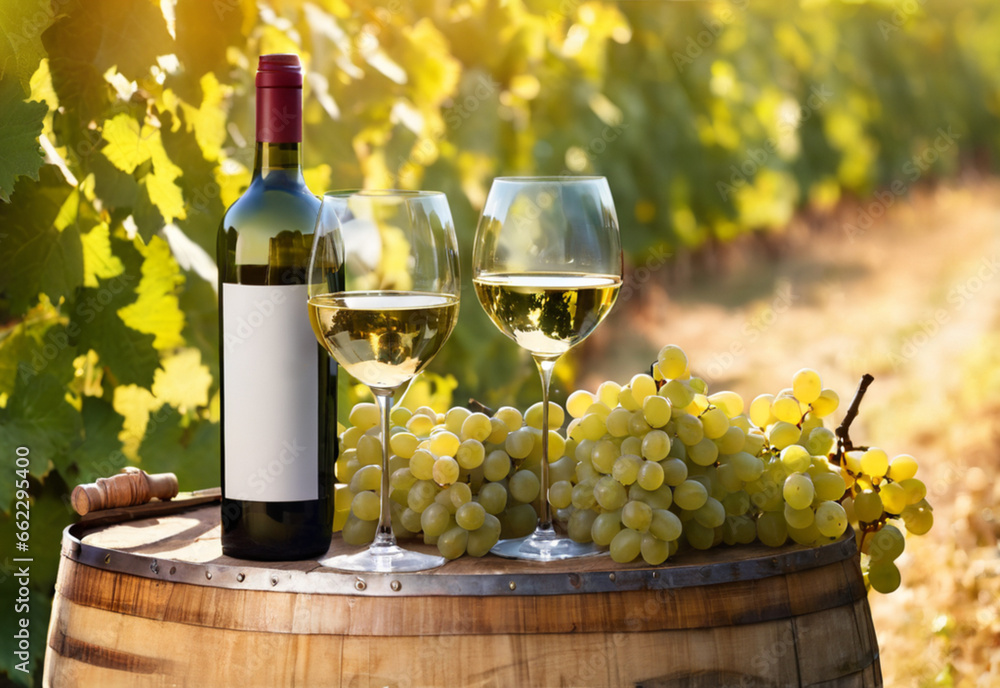 a bottle with two glasses of white wine with grapes on a barrel against a background of vines. empty label, mockup