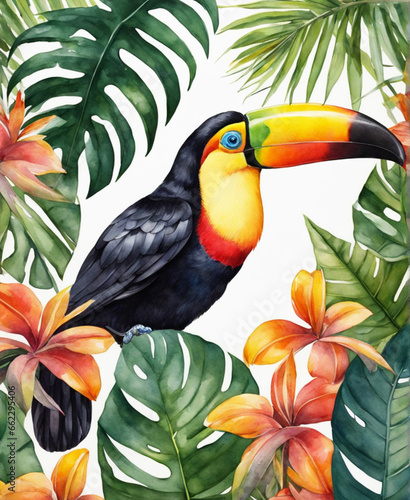 watercolor drawing of a toucan among tropical leaves