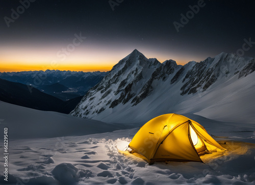 camping in the snowy mountains. yellow tent in snowy mountains at night with a beautiful view of the night sky