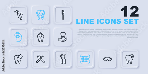 Set line Safety goggle glasses, Broken tooth, Dentures model, Toothache, Dental mirror and probe, and icon. Vector
