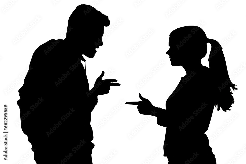 A black silhouette of a couple arguing. A black silhouette of a couple arguing.