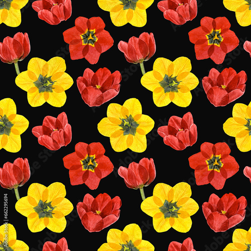 Seamless pattern of watercolor yellow and red tulip flowers. Hand drawn illustration. Botanical hand painted floral elements on dark background.