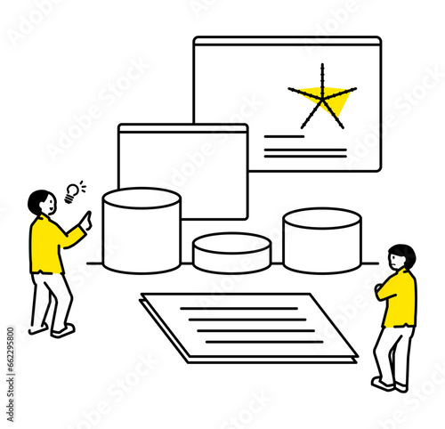 Illustration of two people looking at graphs and other materials