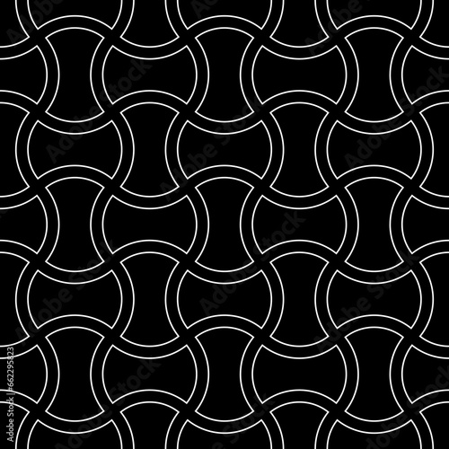Apple core quilts. Seamless surface pattern design with ethnic ornament. White hollow interlocking axehead figures tessellation on black background. Image with hammerhead shapes. Patchwork art motif.